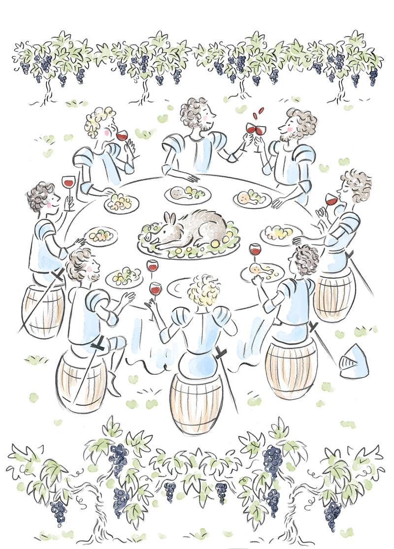Illustration of knights of the round table having a banquet in the middle of vines