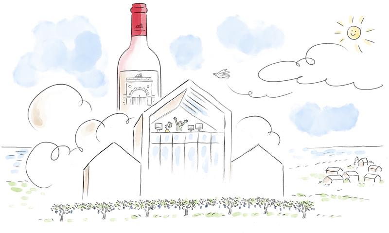 Illustration of bottle of Las Cases lifting off from new winery